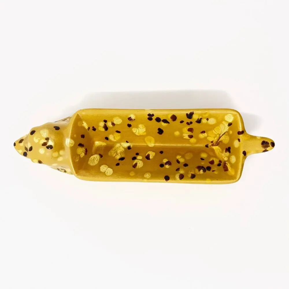 Vtg Dachshund Wiener Dog Serving Cracker Candy Dish Ceramic Bar Speckled READ
